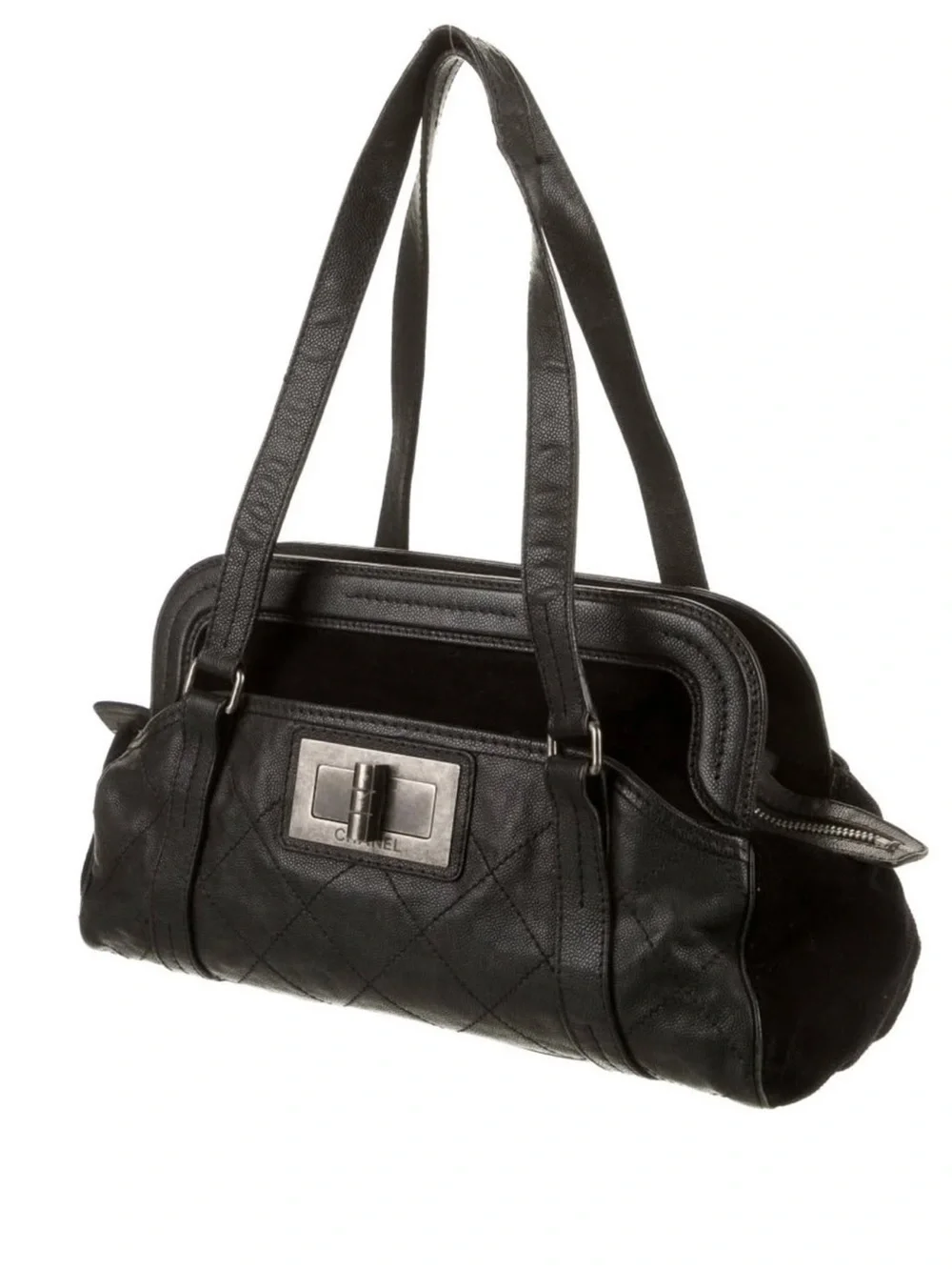 CHANEL Black Leather Shoulder Bag with Top Handles